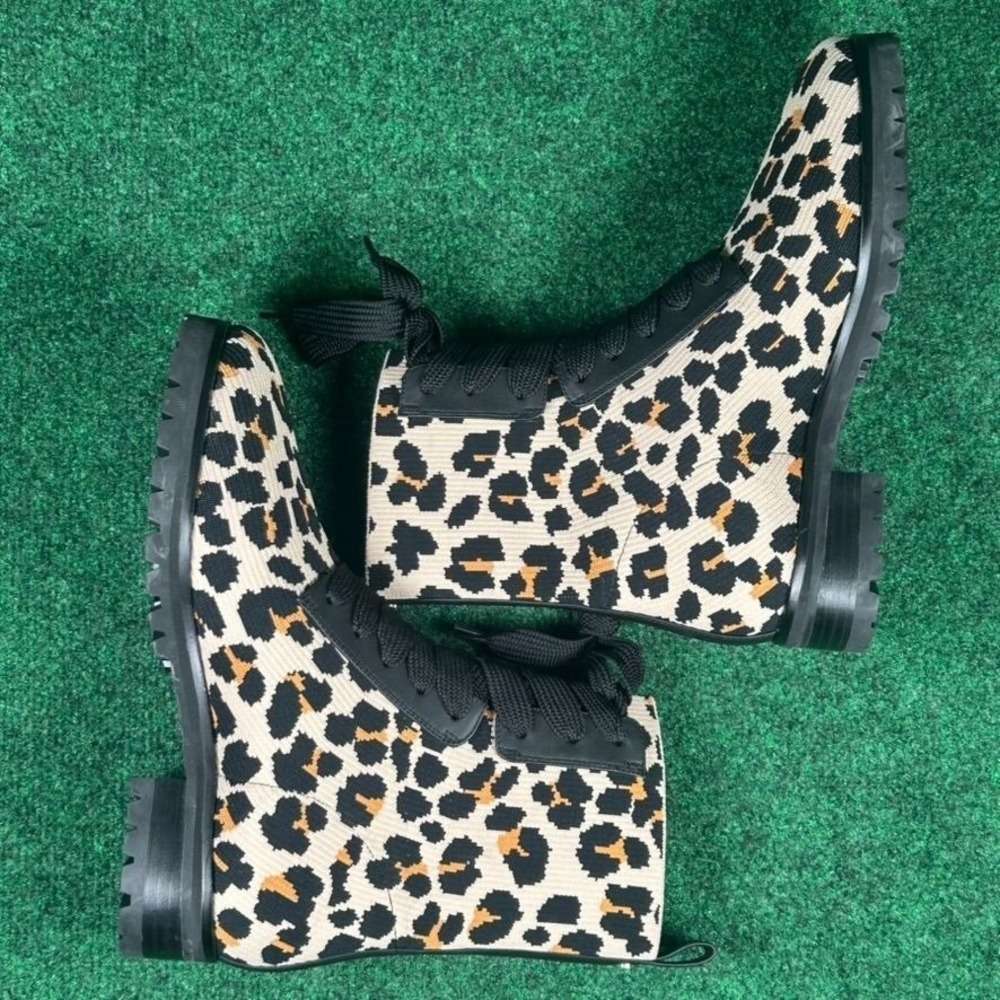 Kate Spade Leopard Print Knit Lace Up Ankle Boots Women 8.5B Leather Rubber Sole - Picture 6 of 11